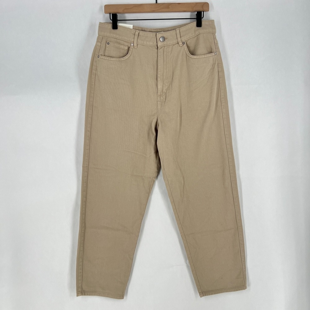 H&M Loose Mom Jeans Womens 12 Beige‎ Denim Cotton Logo Slim Fit High Waist New